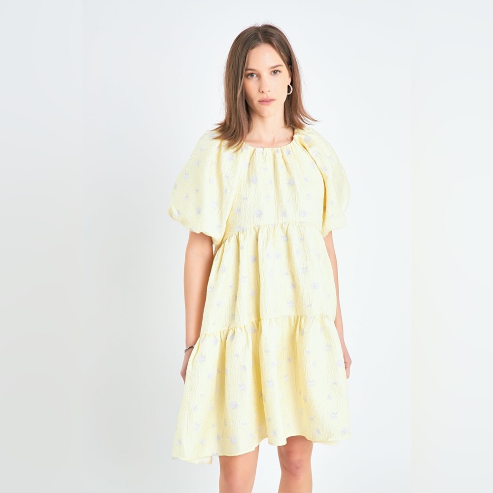 ENGLISH FACTORY Floral Jacquard Tiered Midi High Low Dress Yellow Blue Small